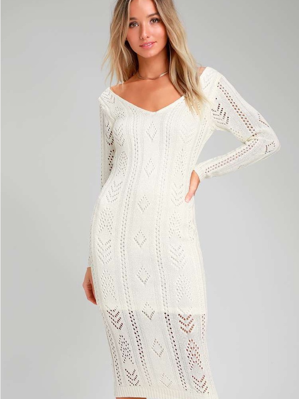 Lulus Pointelle Me A Secret Cream Knit Midi Dress in Sz XS Ivory Open Knit